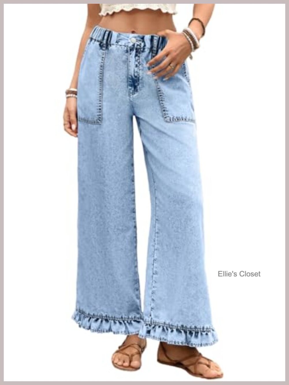 Wide Leg Ruffle Hem Jeans High Rise Pull On Denim Pants